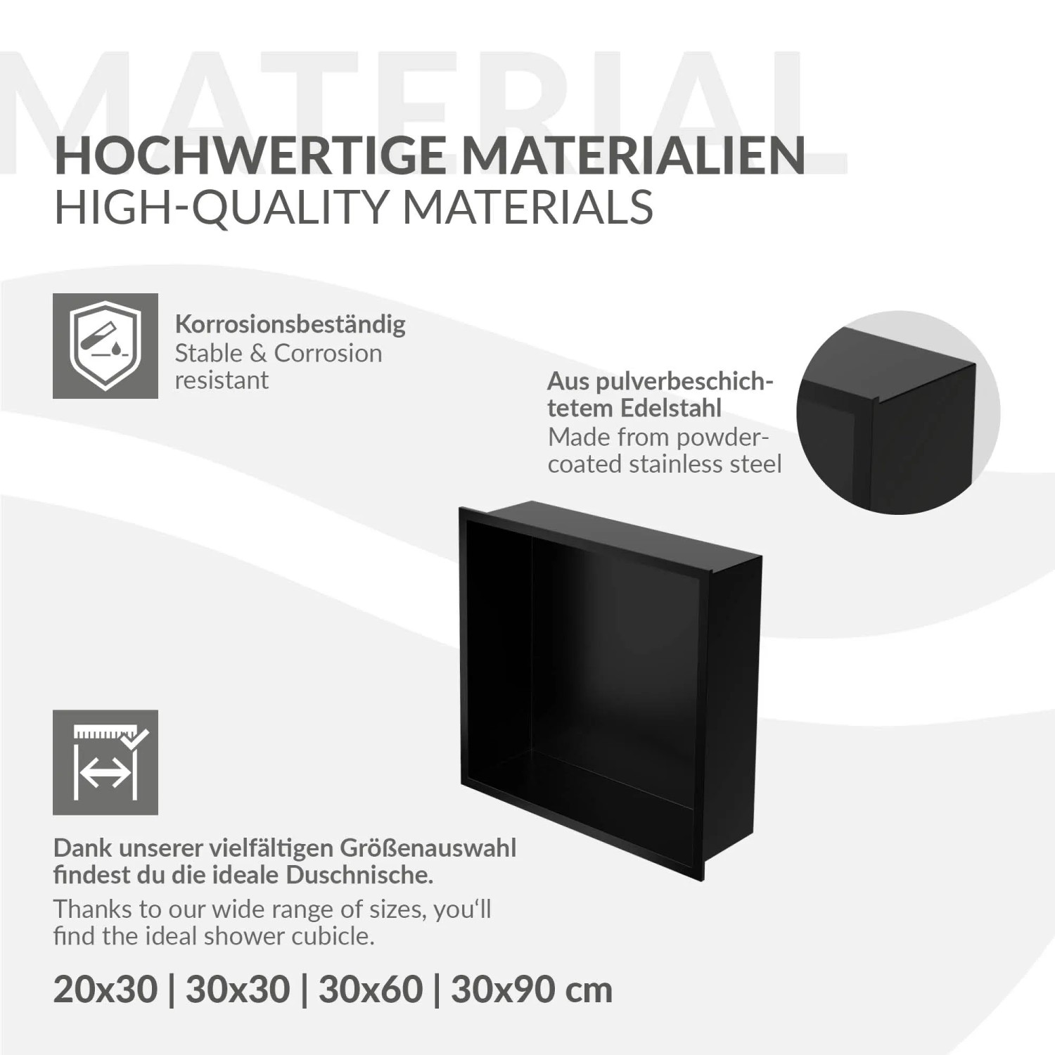 Schwarze LuxeBath Wandnische aus Edelstahl, 30x30x10 cm, mit Rahmen für Duschzubehör.