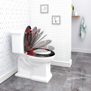 WOLTU WC-Sitz Duroplast mit Absenkautomatik, schwarzem Deckel und rotem Muster, auf Toilette im Bad.