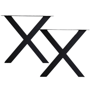 Zwei schwarze, pulverbeschichtete holz4home Hora X-Tischbeine aus Metall.