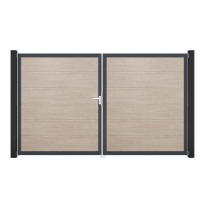 GroJa Steckzaun Tor BasicLine DIN Links DB Sheffield Oak, 2-flügelig, mit Beschlägen und Aluminiumrahmen.