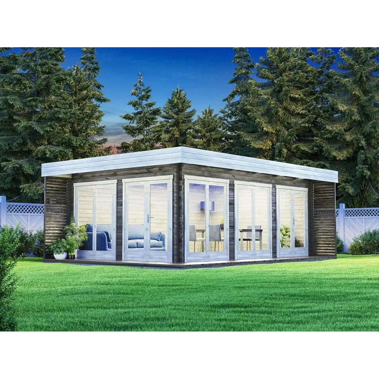 Unbehandeltes Alpholz Gartenhaus Viva B mit Flachdach und Anbaudach im Garten.