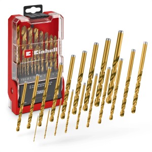 Einhell HSS-G Titan Metallbohrer Set, 19-teilig, mit goldfarbenen Bohrern in Kassette.