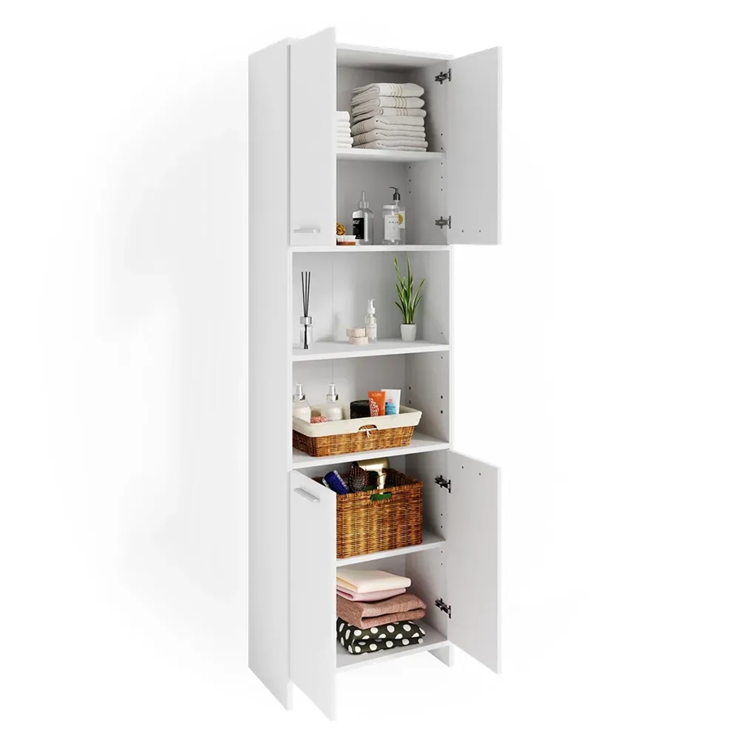 Weißer Vicco Badschrank Maris (56x190 cm) mit offenen Türen und Regalfächern, gefüllt mit Badutensilien.