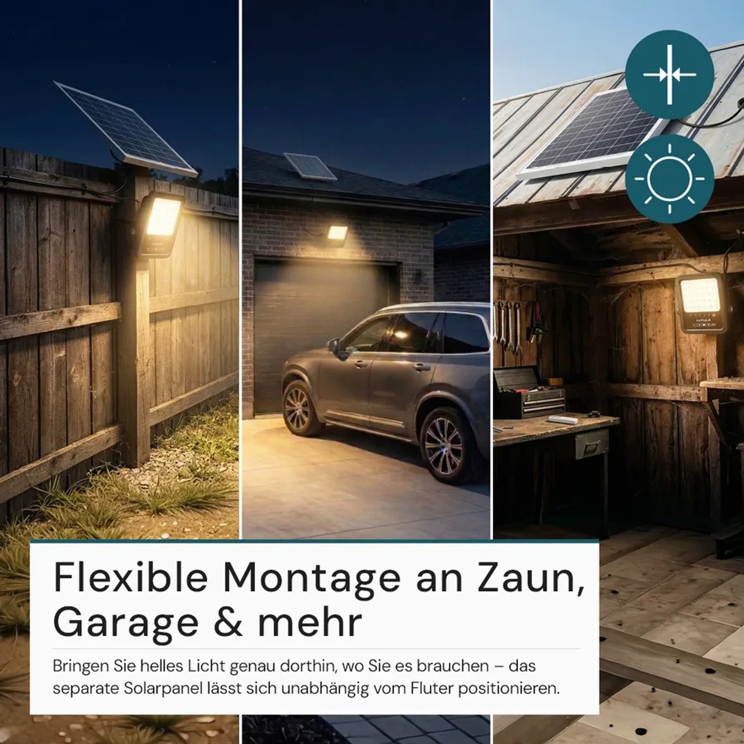 LUXULA LED Solarstrahler, 2750lm, mit Solarpanel an Zaun, Garage und Werkstatt montiert.