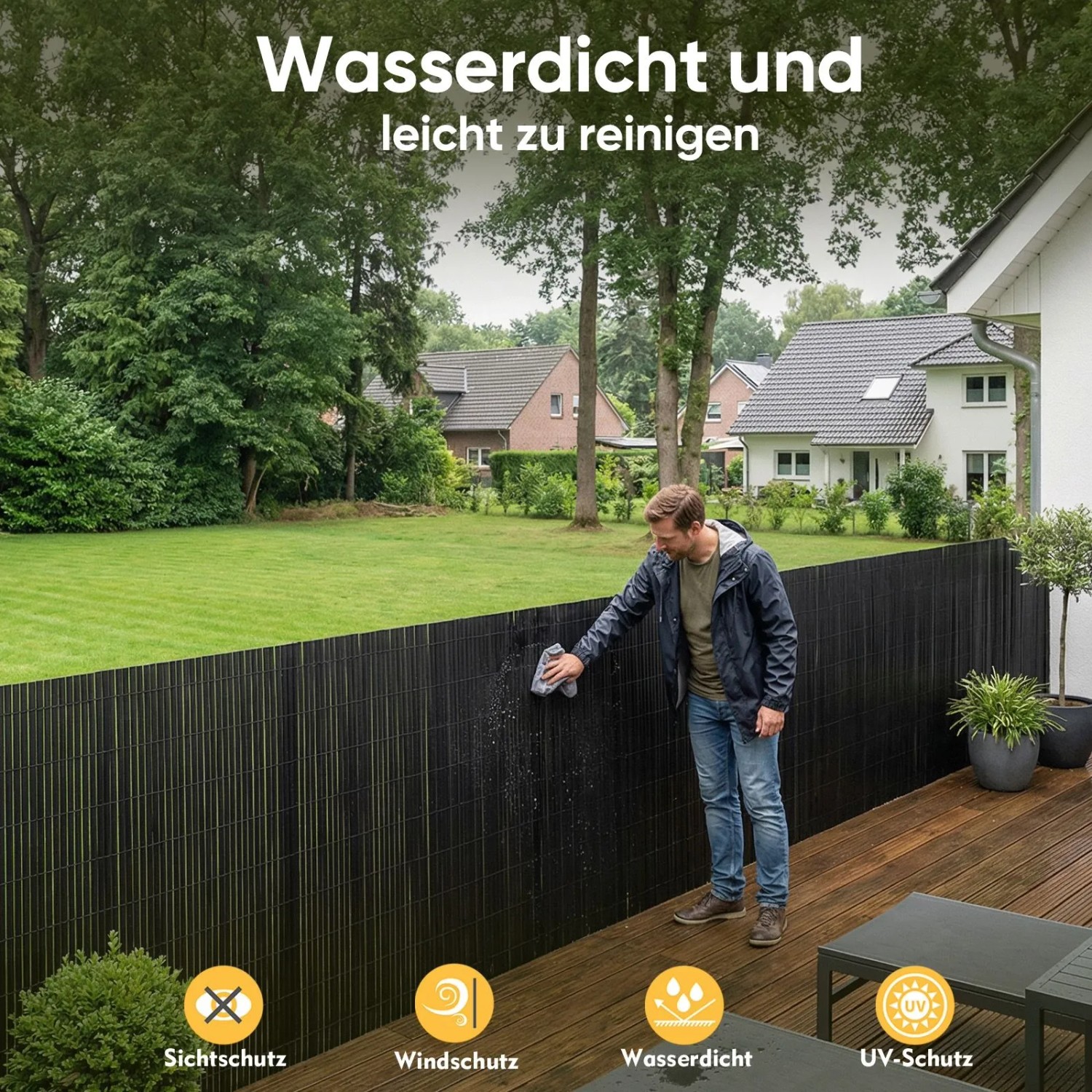 Sekey PVC Sichtschutzmatte Anthrazit (80x500cm) wird gereinigt. Ideal für Balkon & Garten.