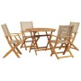 5-teilige Garten-Essgruppe aus Akazienholz und Poly Rattan in Beige, bestehend aus Tisch und 4 Stühlen.