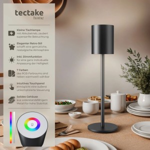 Moderne, dimmbare Tectake Akku Tischlampe Corly in Schwarz mit RGB-Licht für stimmungsvolle Beleuchtung.