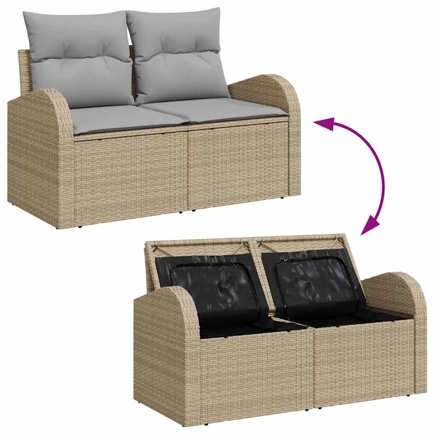 Beiges vidaXL Garten-Sofa-Set, 6-teilig, mit Stauraum und hellgrauen Kissen.