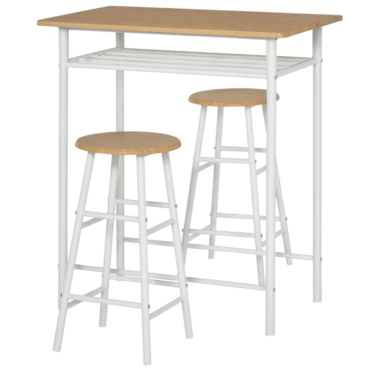 HOMCOM Bartisch Set 3-Teilig mit Lagerregal MDF-Platte Weiß Eiche 80 x 50 x 90 cm