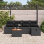 Schwarzes 6-teiliges Garten-Sofa-Set aus Poly Rattan mit Kissen und Tisch für Terrasse und Garten.