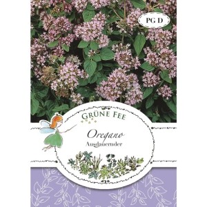 Grüne Fee Oregano Ausdauernder Saatgut. Blühender Oregano mit rosa Blüten und grünen Blättern auf der Packung.
