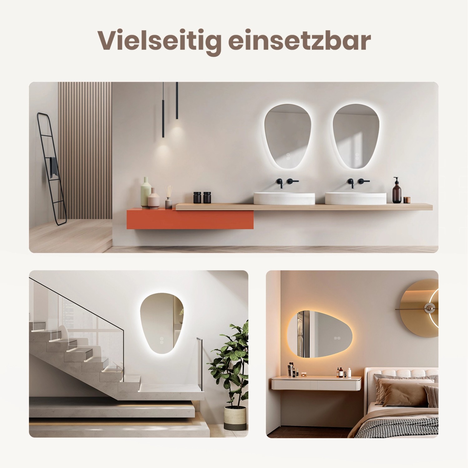 Emke LED Badspiegel 70x50 cm, asymmetrisch, mit 3 Lichtfarben in verschiedenen Umgebungen.