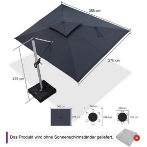 Rechteckiger, grauer PURPLE LEAF Ampelschirm 270x365 cm mit Doppeldach und Maßen.