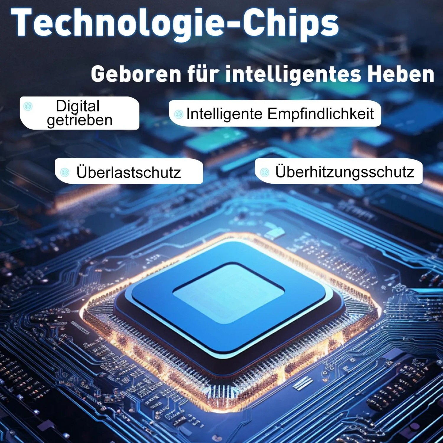 Detailaufnahme: Technologie-Chip für höhenverstellbares Schreibtischgestell, Überlast- und Überhitzungsschutz.