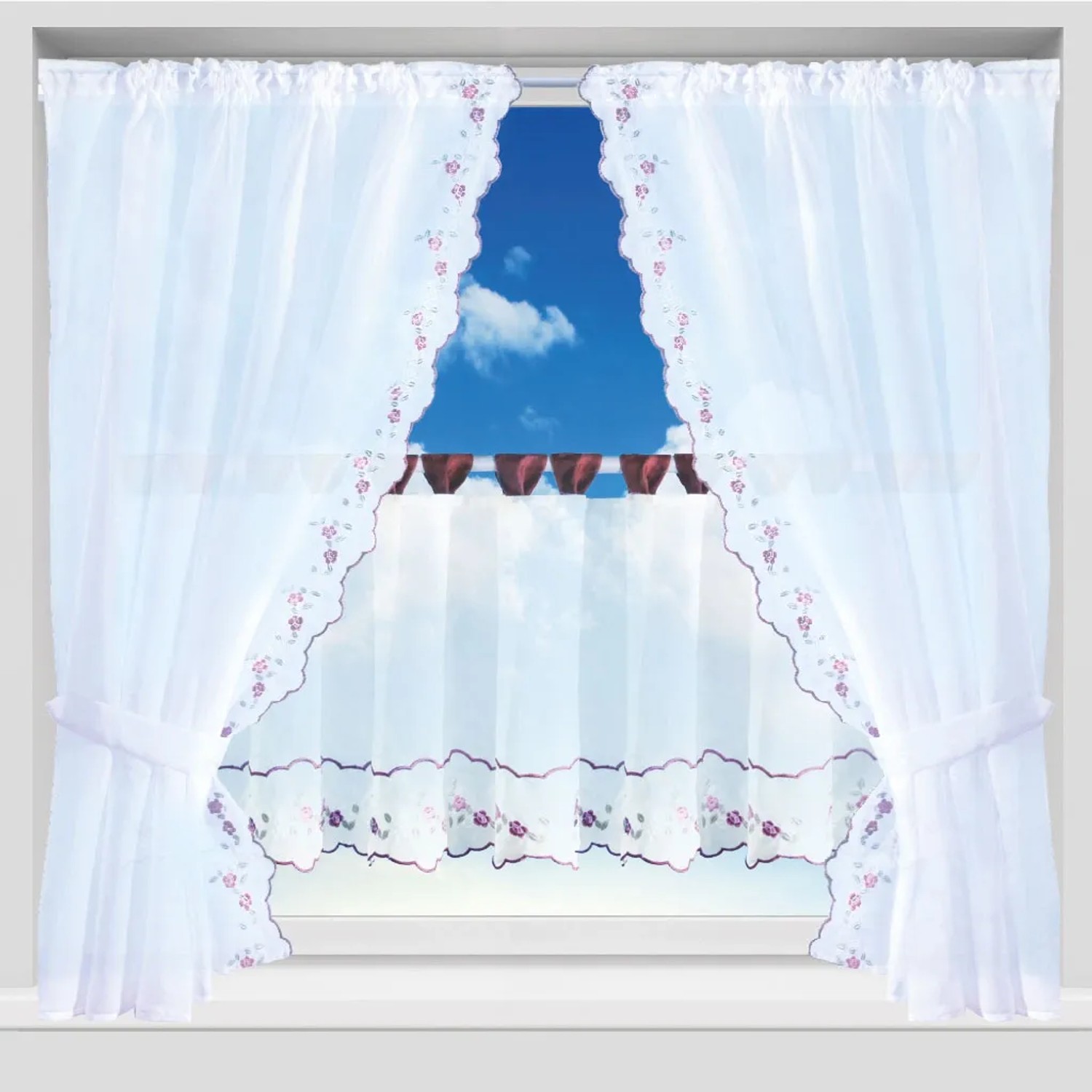 Arsvita Gardinenset, 5-teilig, mit Blumenmuster, für die Küche. Transparenter Fenstervorhang mit Stangendurchzug.