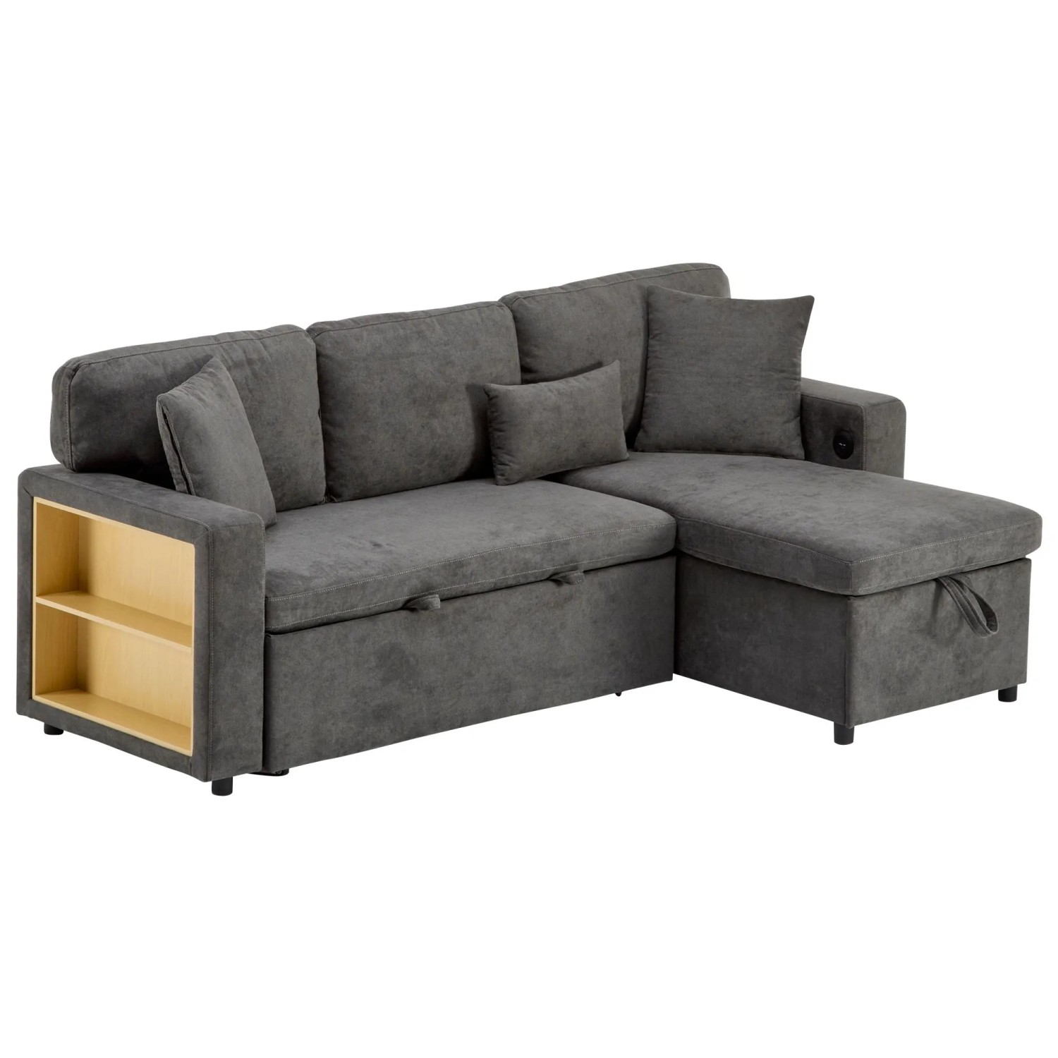 ModernLuxe Ecksofa Schlafsofa Ausziehbar mit Bettkasten Regal Dunkelgrau