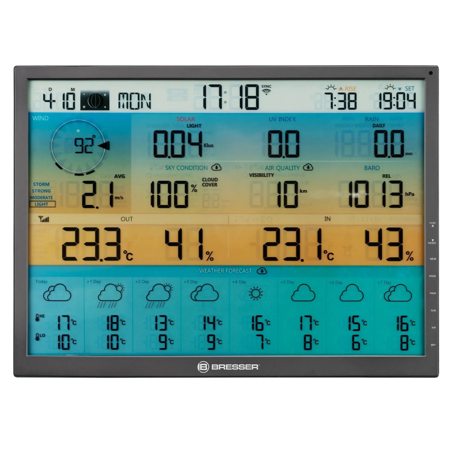 Bresser Solar-WLAN-Wetterstation 4CAST XL 7-in-1 Schwarz mit großem Farbdisplay.
