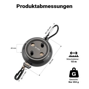 Schwarze, runde ausziehbare Wäscheleine mit Karabinerhaken und Maßen. 10m Wäscheschnur, 204g Gewicht. Camping Zubehör.