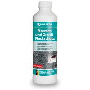 Weiße Hotrega Flasche Marmor & Granit Fleckschutz 500 ml. Schützt Naturstein dauerhaft vor Öl, Fett, Kalk & Wasserflecken.