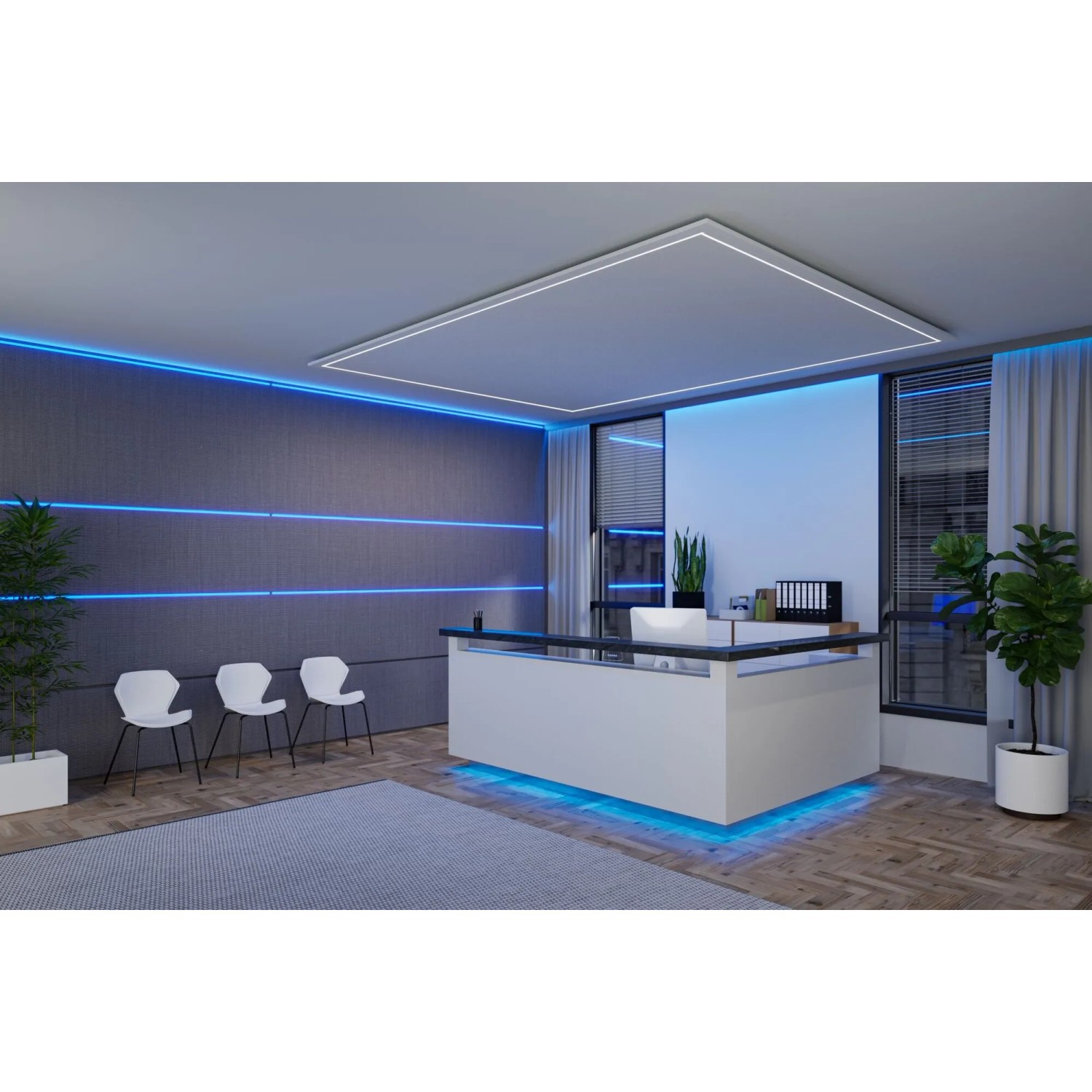 Modernes Büro mit blauen und weißen LED-Streifen an Wand, Decke und Theke. Zeigt kreative RGBW Lichtgestaltung.