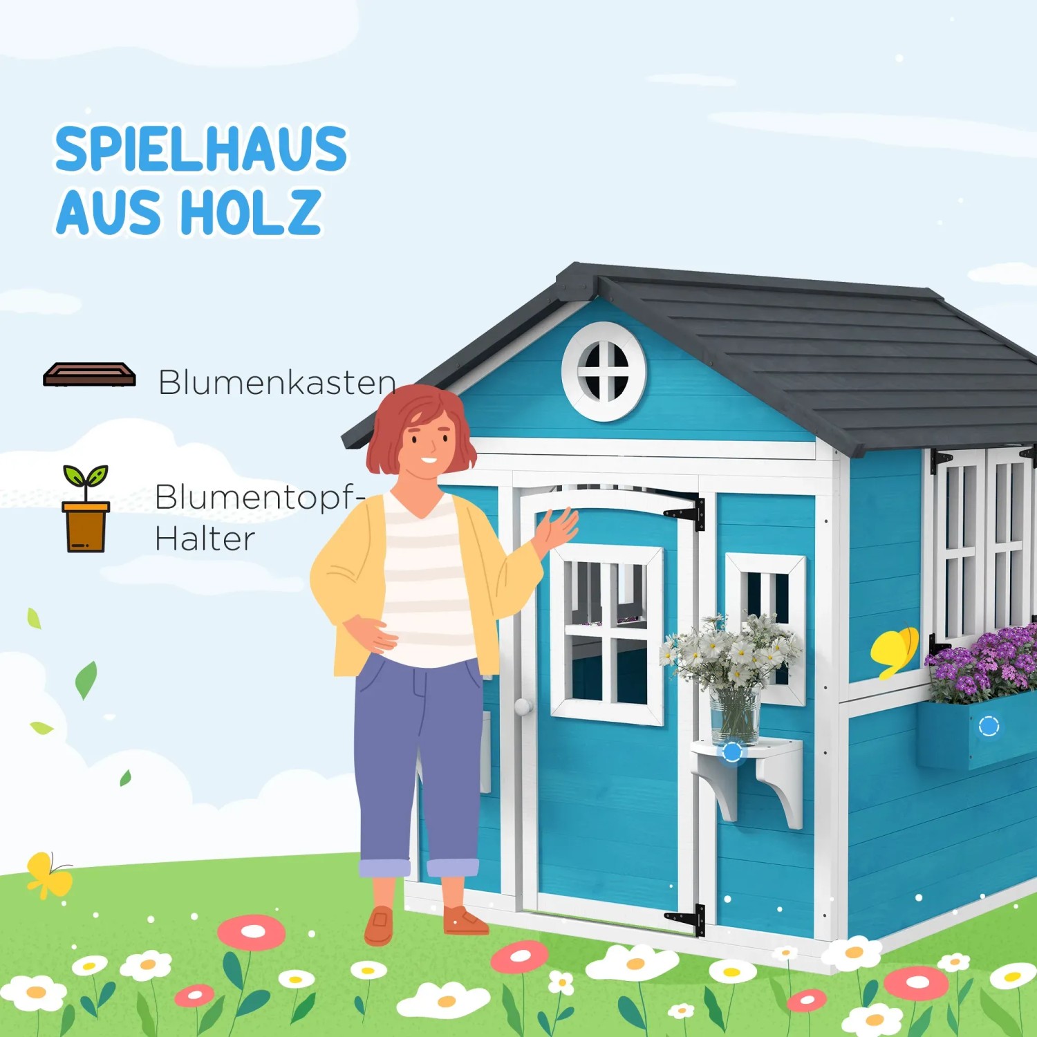 Outsunny Kinderspielhaus aus Holz mit Fenster und Blumenkästen für Kinder von 3-8 Jahren.