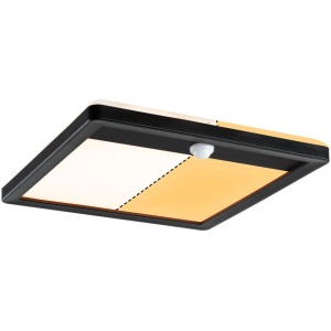 Eckige Paulmann LED-Außendeckenleuchte Lamina mit PIR-Sensor, schwarz, mit warmweißem und extra warmweißem Licht.
