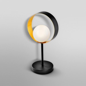 Moderne Ledvance Tischlampe Decor Memphis in Schwarz-Gold mit G9 Fassung und rundem Lampenschirm.