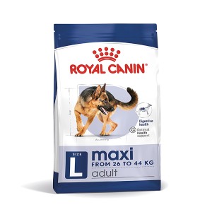 Royal Canin Maxi Adult Trockenfutter für große Hunde, Packung mit Schäferhund-Abbildung.