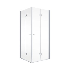 Schulte Alexa Style 2.0 Eckdusche mit klarer ESG-Drehfalttür, Alu-Profilen und Knopfgriffen für Eckeinstieg.