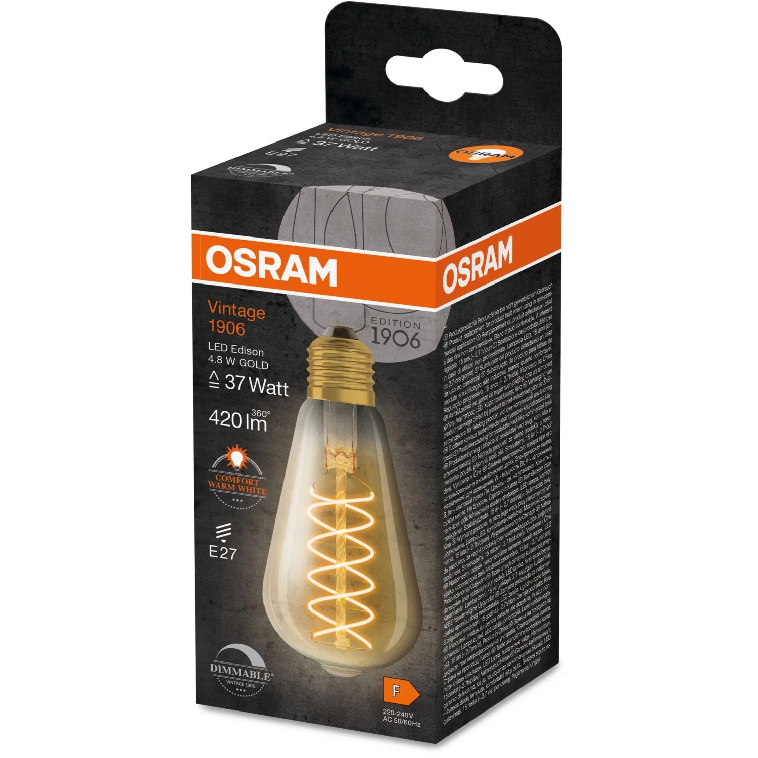 Osram E27 LED Leuchtmittel ST64 4,8W, Vintage-Look, warmes Licht, dimmbar. Verpackung.
