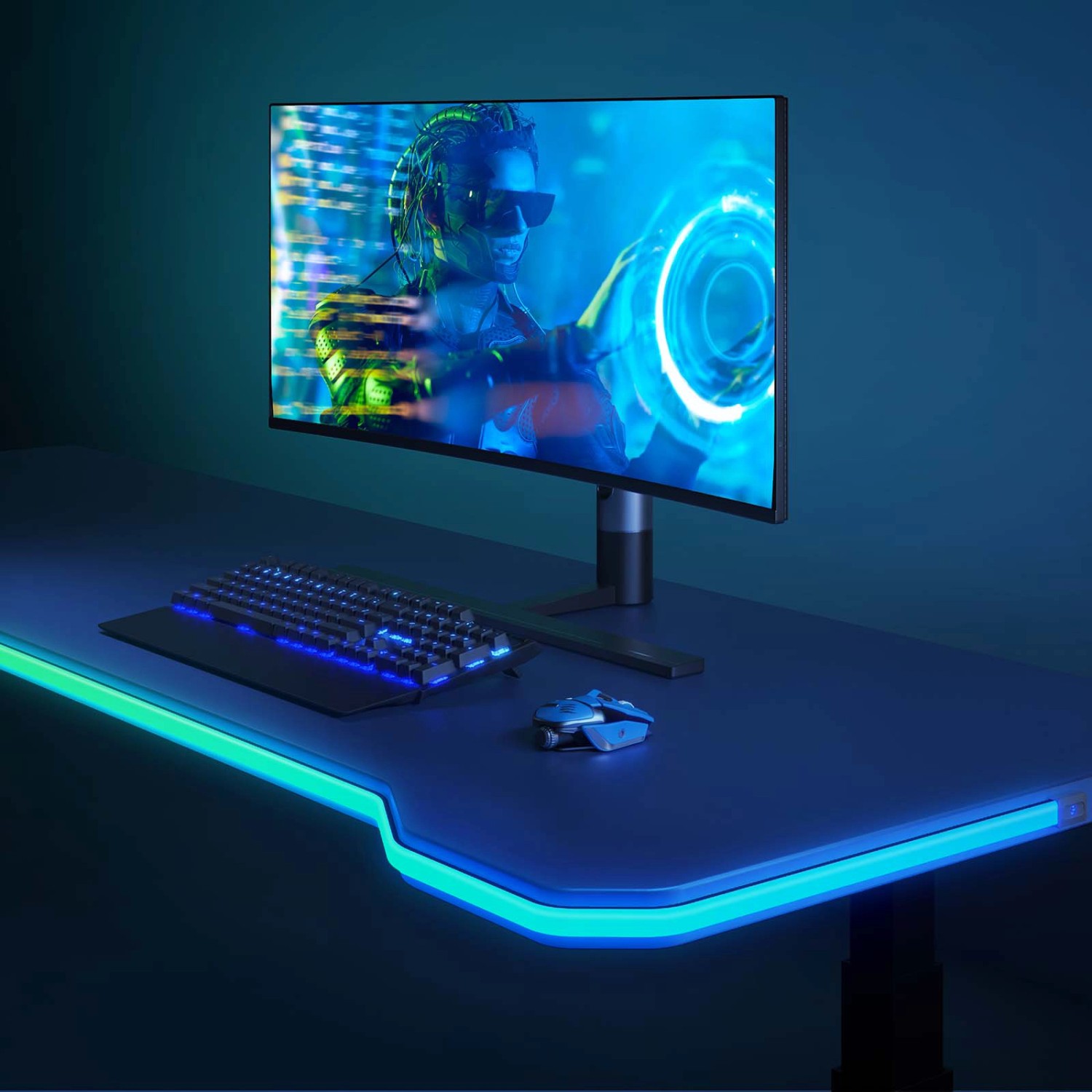 Schreibtisch mit Govee LED Neon Seilzugleuchten, Tastatur, Maus und Monitor mit futuristischem Bild.