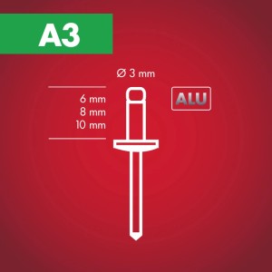 Abbildung einer Blindniete RA Alu Ø 3 mm x 8 mm, geeignet für Zangen, zur Befestigung von Materialien.