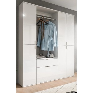 Inn.Furn Garderobenschrank SystemX, weiß hochglanz, 152 cm breit, mit Fächern und Kleiderstange.