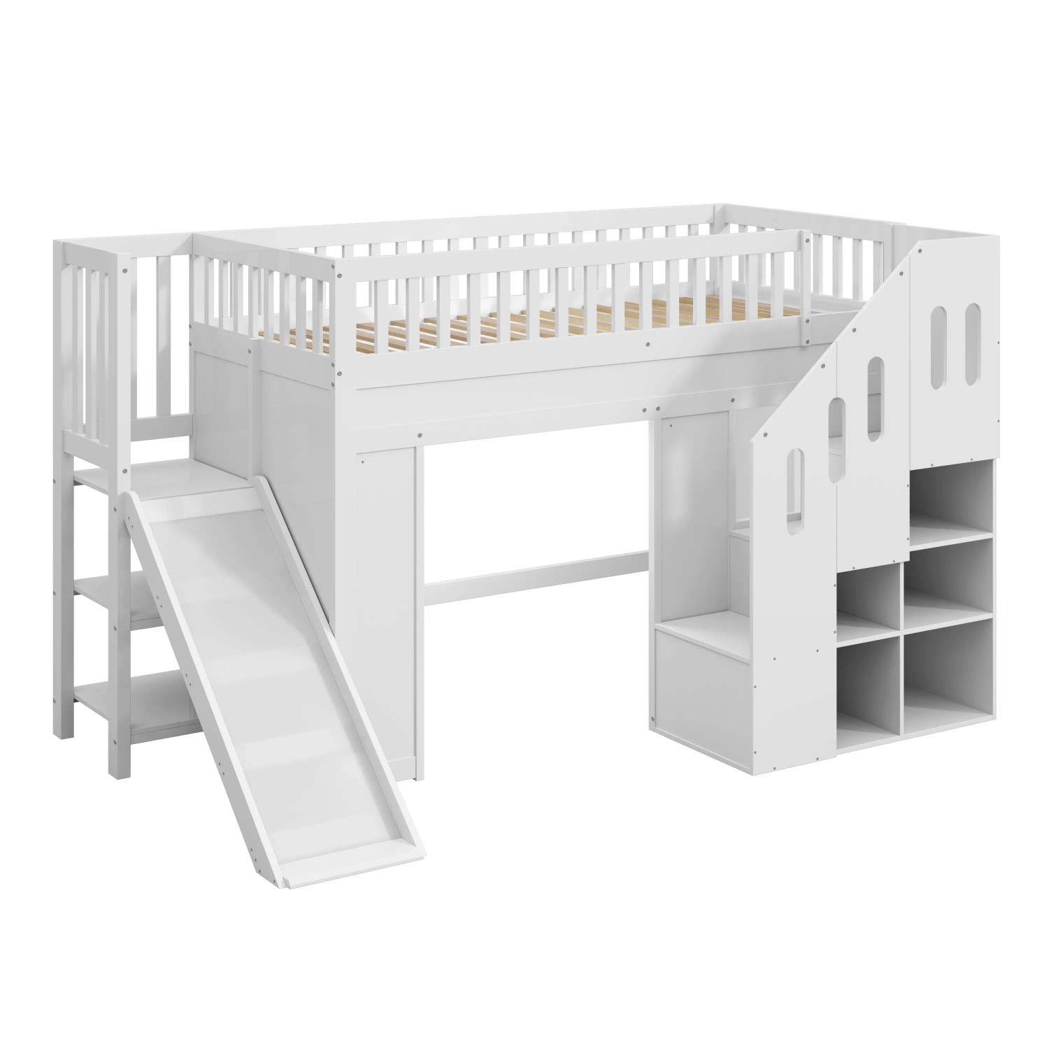 okwish Hochbett 90x200cm mit Rutsche LED und Stauraumtreppe Weiß ohne Matratze