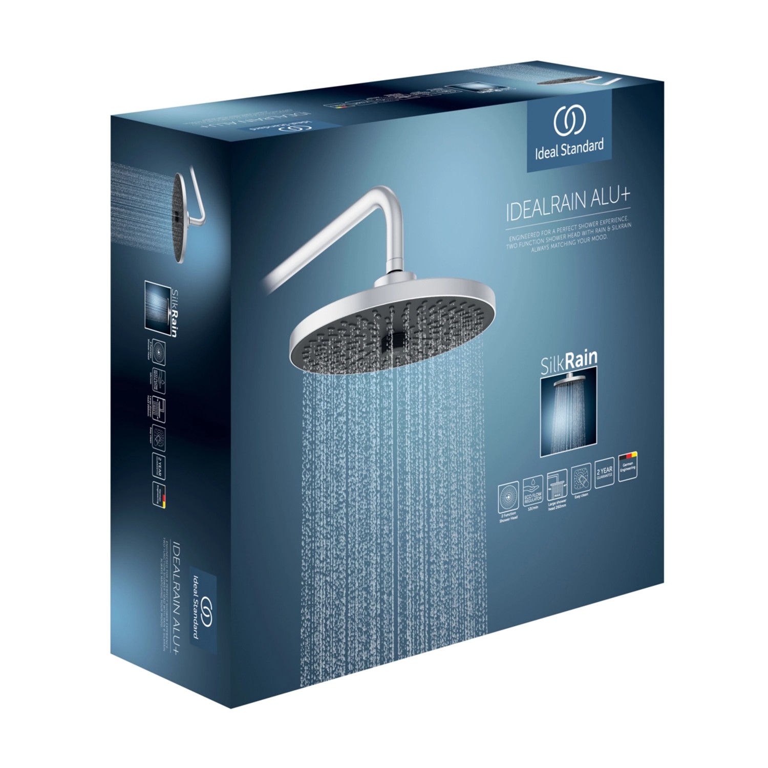 Verpackung der Ideal Standard Kopfbrause 2-Funktionen Silver, mit Strahlarten Regen und sanfter Regen.