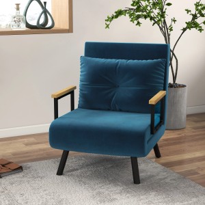 Blaues HOMCOM Schlafsofa mit Kissen, Stahlgestell und Holzarmlehnen. Bequemer Sessel mit Schlaffunktion.