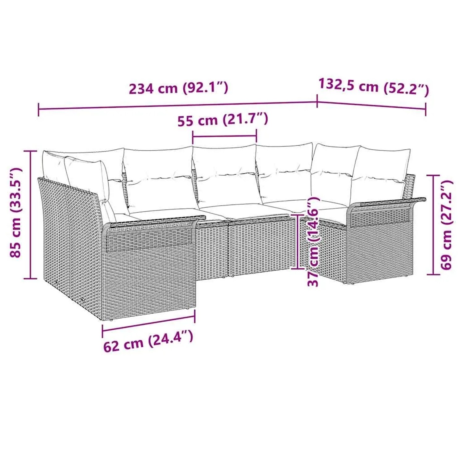 vidaXL Garten-Sofa-Set, 6-teilig, schwarz, Poly Rattan, mit Maßangaben.