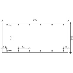 Technische Zeichnung: Skan Holz Walmdach-Carport Spreewald, Maße 396x893 cm, Pfostenpositionen.