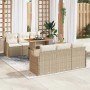 Beiges 7-teiliges Garten-Sofa-Set aus Poly Rattan mit Tisch und Stauraum.