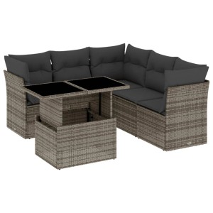 Graue 6-tlg. vidaXL Garten-Sofagarnitur aus Polyrattan mit Tisch und Kissen.