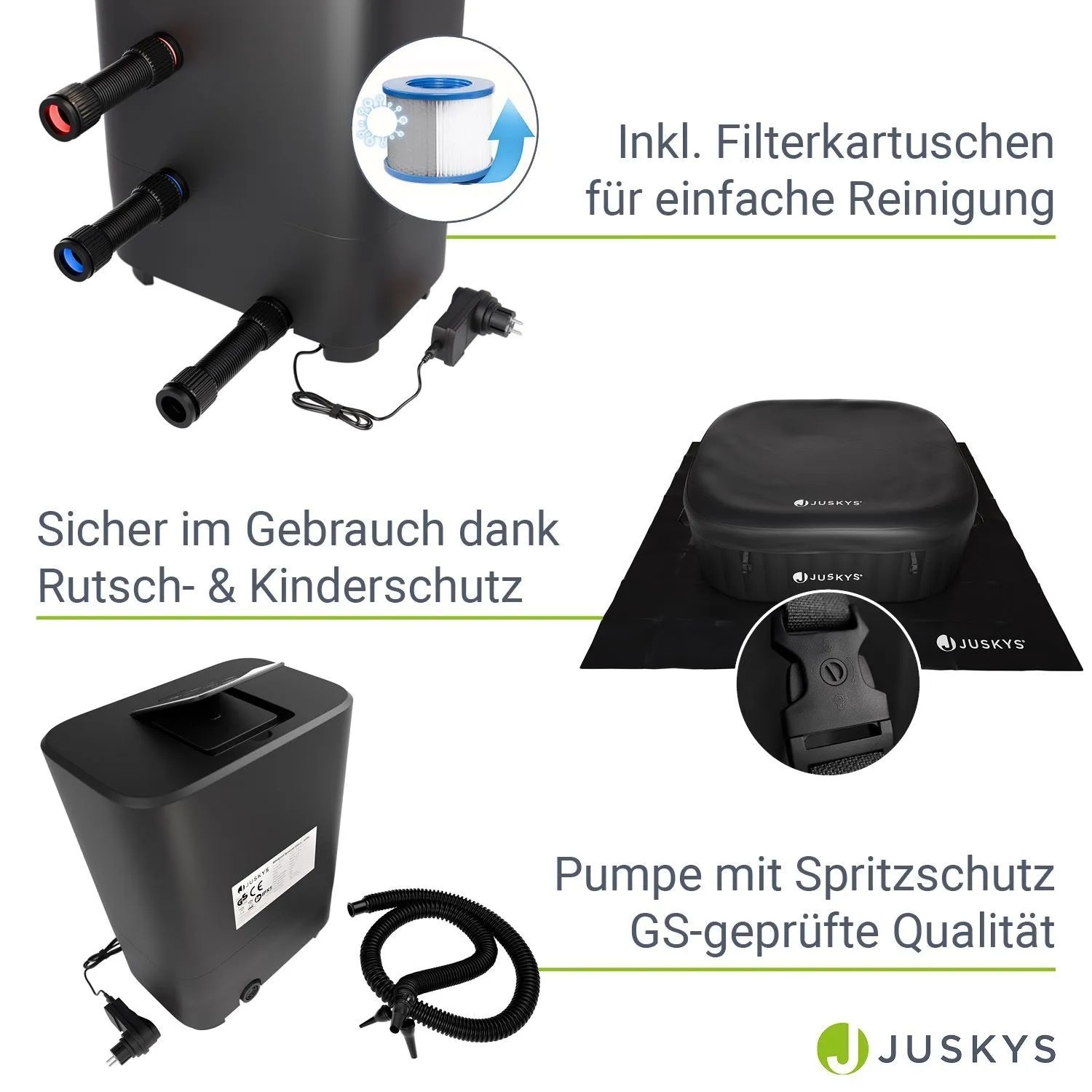 Zubehör für Juskys SpaLuxe Aufblasbarer Whirlpool: Filterkartuschen, Pumpe mit Spritzschutz, Abdeckung. Einfache Reinigung & Sicherheit.