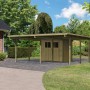 Karibu Doppelcarport Eco 2 mit Abstellraum: Carport aus Holz mit PVC-Dach und kleinem Schuppen.