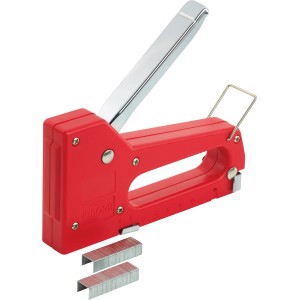 Roter Handtacker für 4-8 mm Klammern mit Klammermunition für Heimwerker.