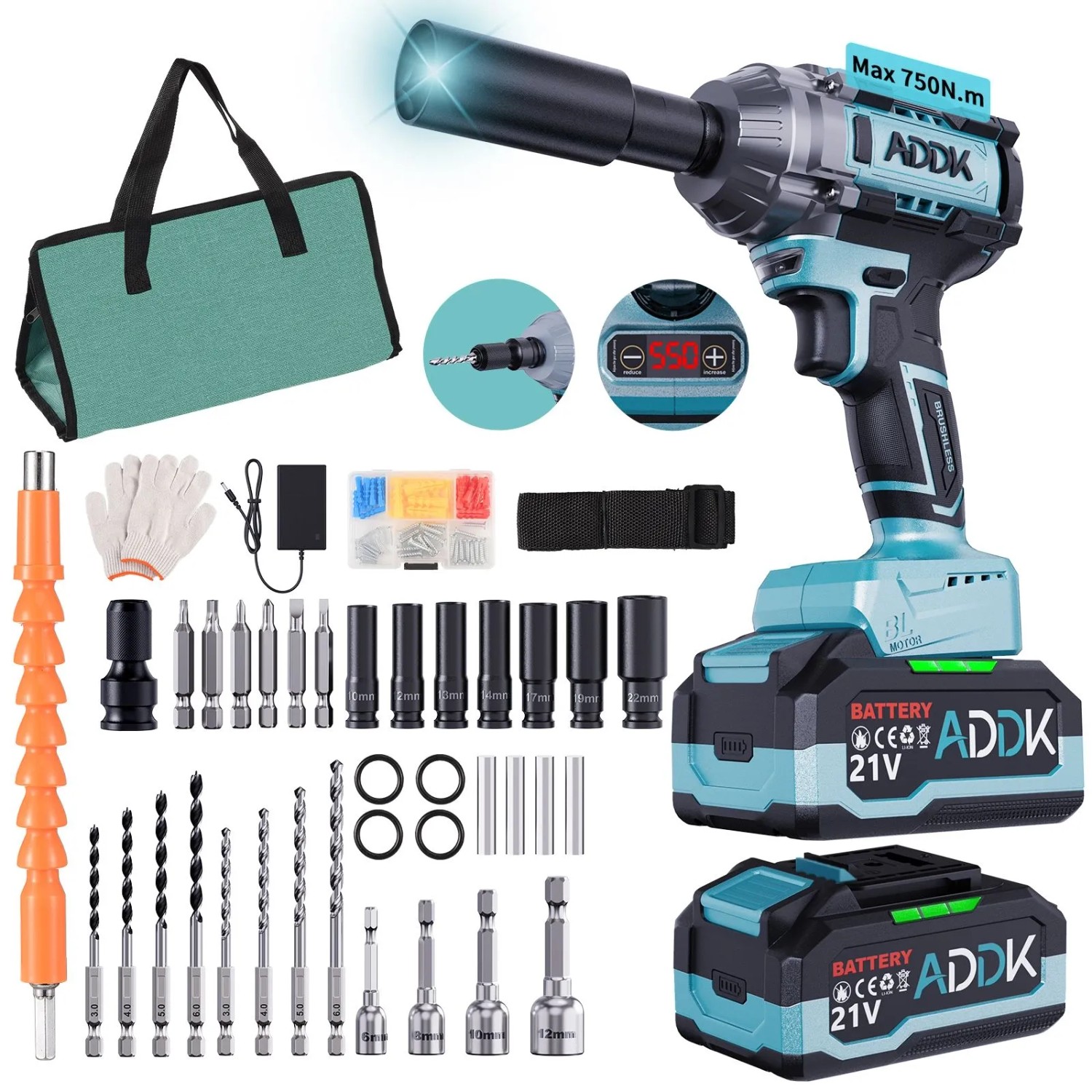 PXloue Elektrischer Schraubenschlüssel mit 21V-Akku Zubehör 60 Sets