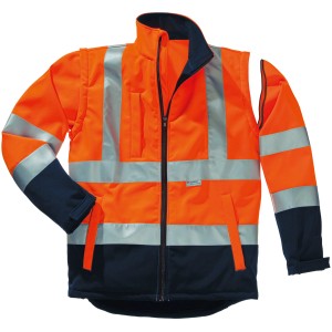 Scheibler Warnschutz-Softshelljacke Flash in Orange-Navy mit Reflexstreifen, abnehmbaren Ärmeln und Reißverschluss.