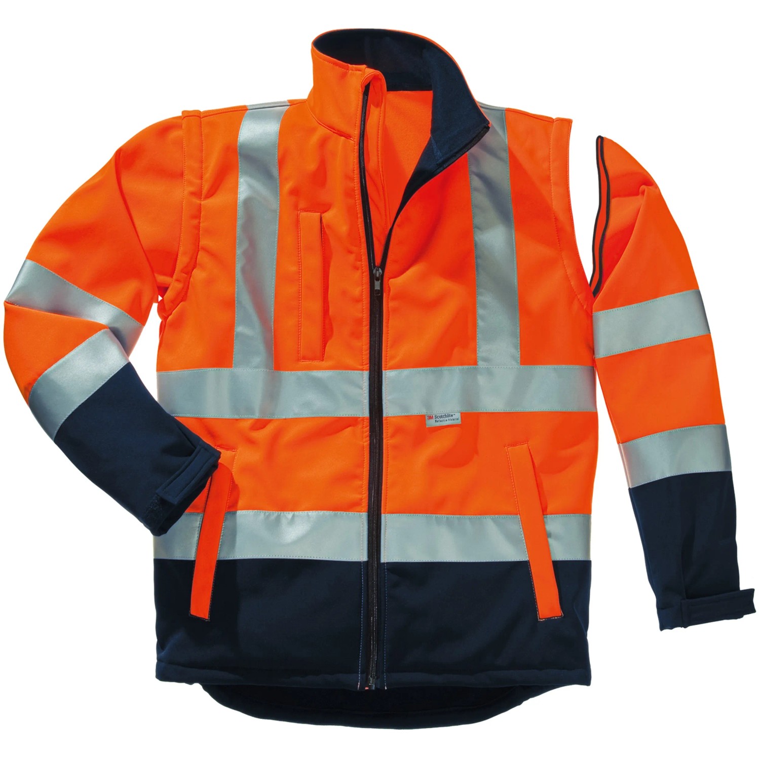 Scheibler Warnschutz-Softshelljacke Flash in Orange-Navy mit Reflexstreifen, abnehmbaren Ärmeln und Reißverschluss.