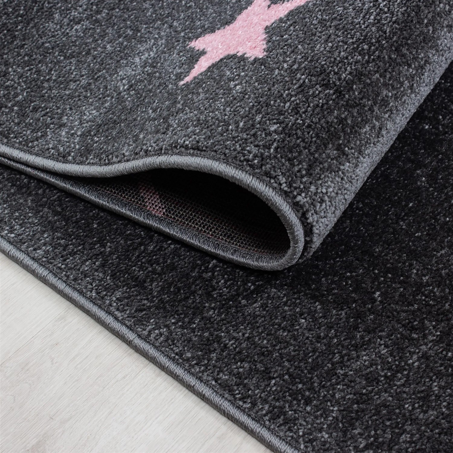 Detailansicht: Ayyildiz Kinderteppich Kids 610 Pink, 80x150 cm, grau mit rosa Motiv.