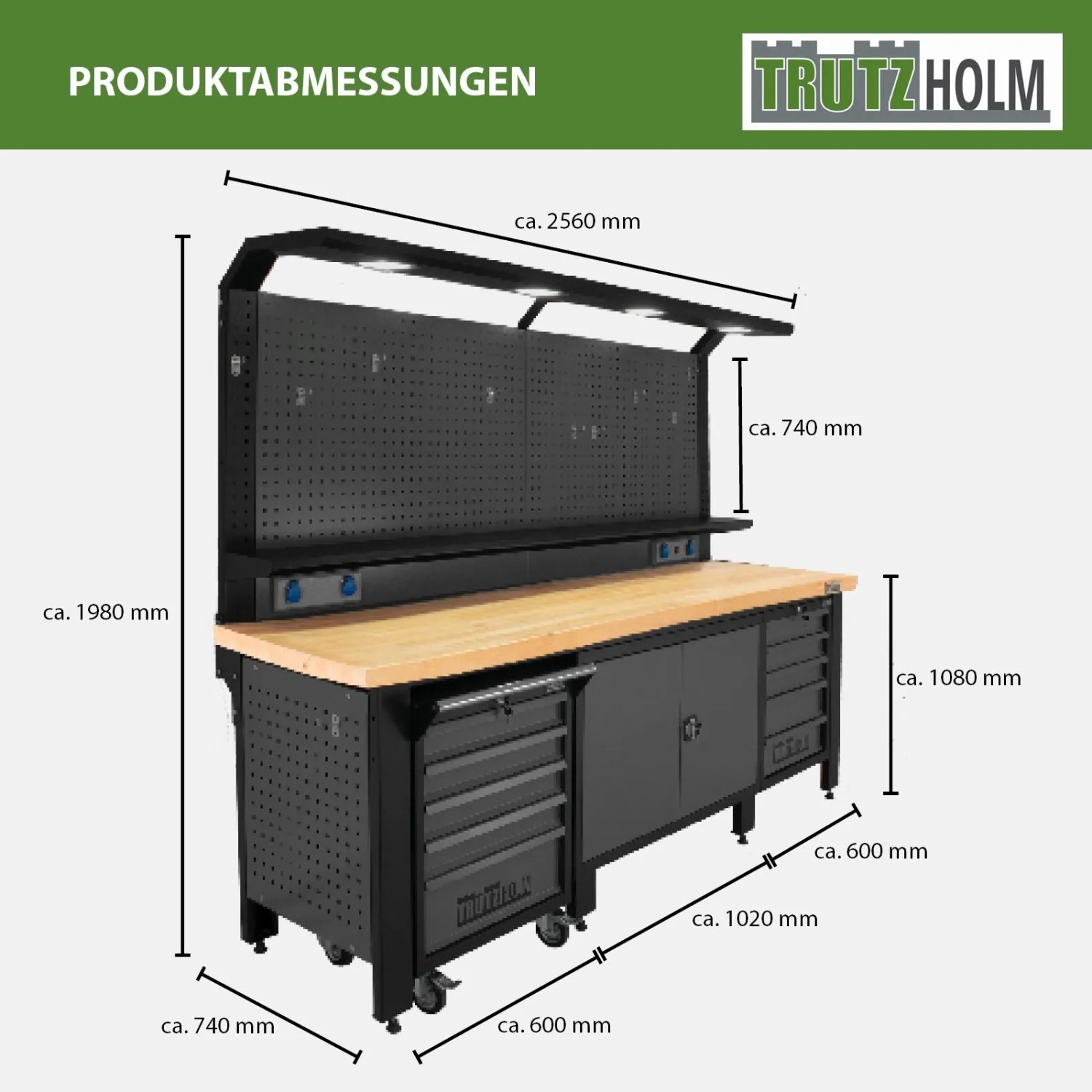 TRUTZHOLM Werkstattwand Profiline XXL mit LED, Steckdosen und Werkzeugschrank, Maße