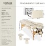 Beige Massageliege von Tectake mit Zubehör, zusammengeklappt und aufgebaut dargestellt.