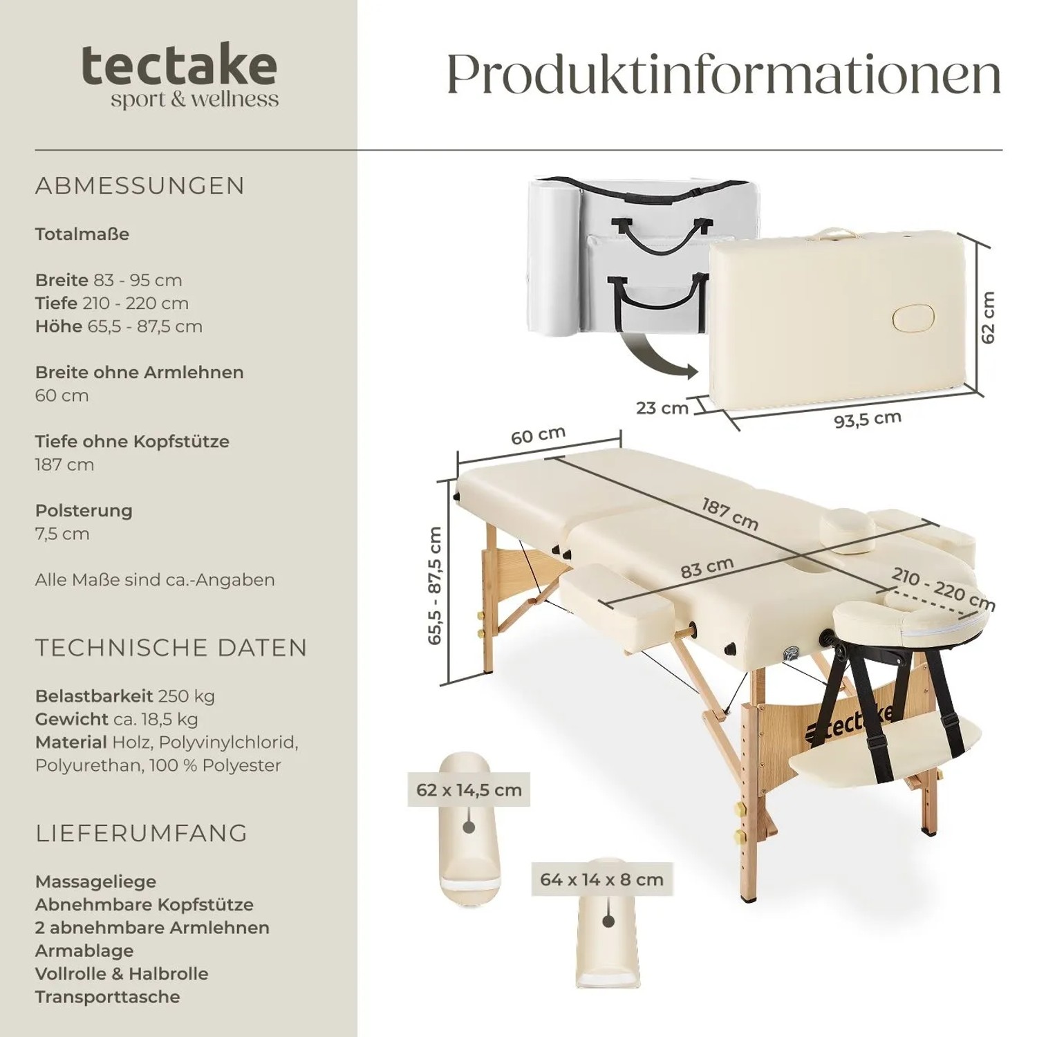 Beige Massageliege von Tectake mit Zubehör, zusammengeklappt und aufgebaut dargestellt.